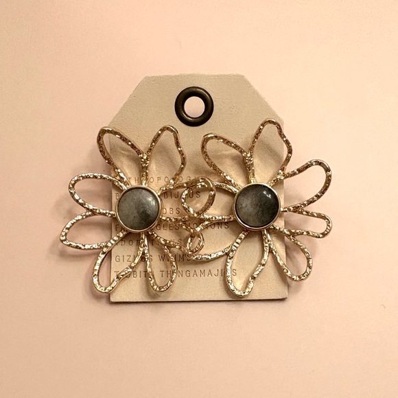 Anthropologie Gold Flower Earrings with Blue Agate. Brand new! - Picture 3 of 10